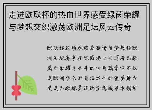 走进欧联杯的热血世界感受绿茵荣耀与梦想交织激荡欧洲足坛风云传奇